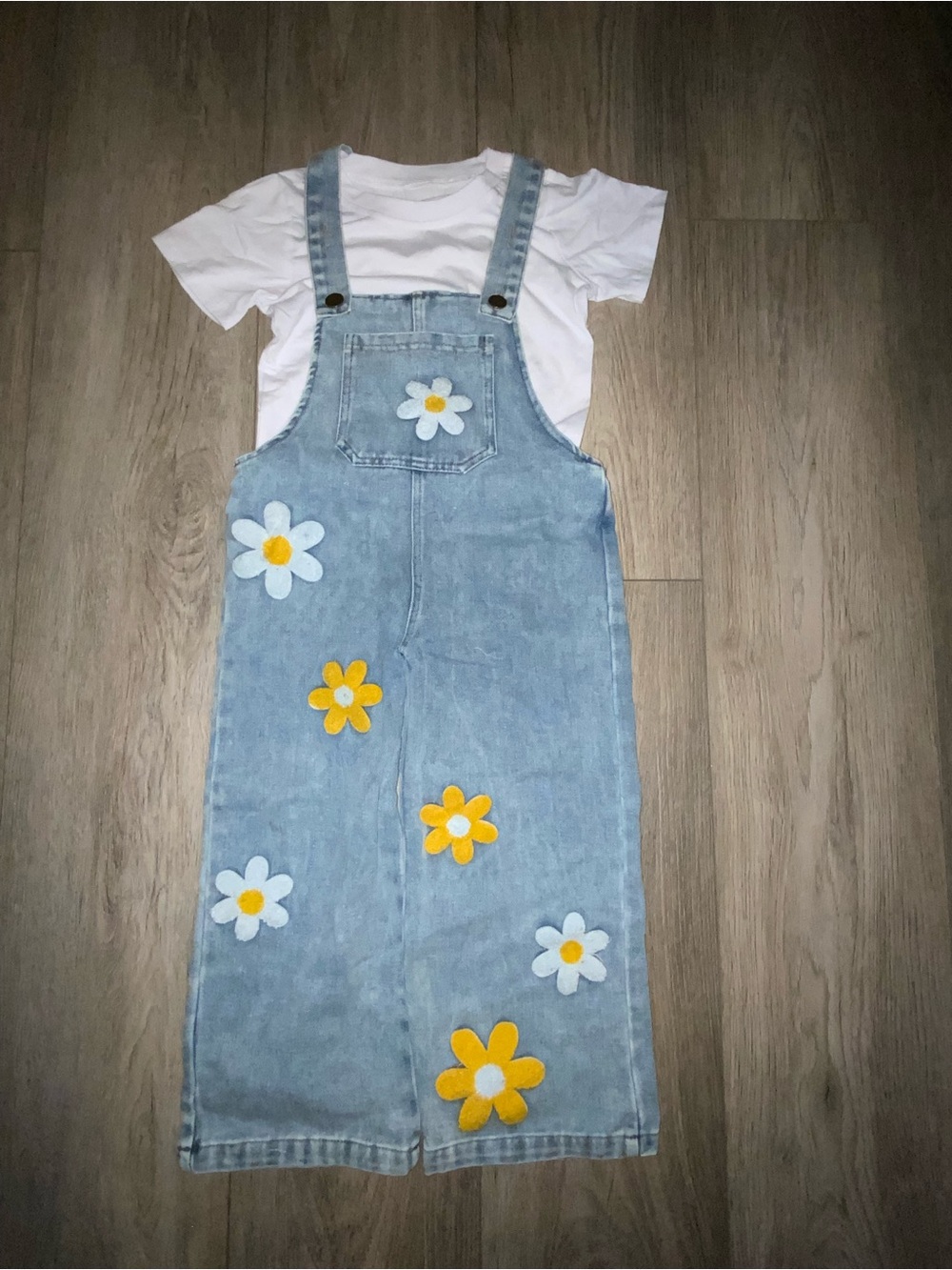 Amazon Light Blue Denim Kids Floral Overalls with White & Yellow Daisy